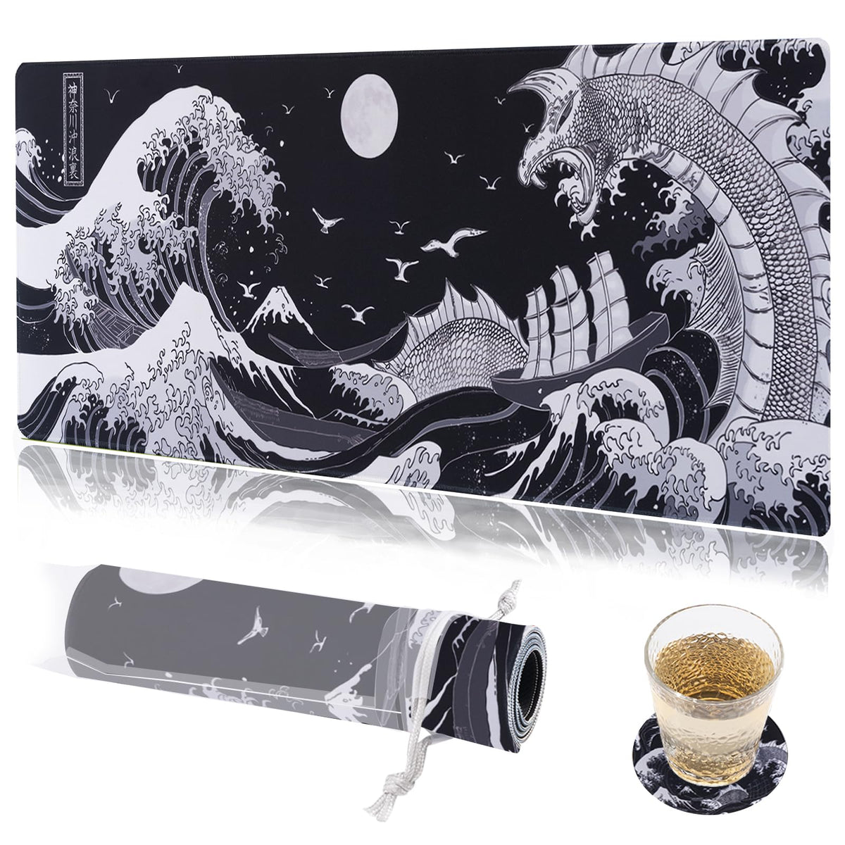 Kanagawa Wave Mouse Pad (Bonus: Coaster + Bag) – 31.5x11.8 Inch, 0.12-Inch Thick Extended Gaming