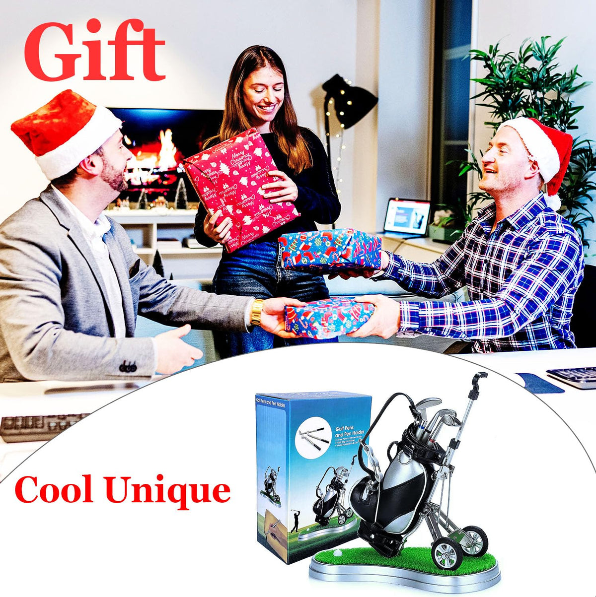 Golf Pen Holder with 3 Club Pens and Movable Golf Cart, Mini Golf Bag Desk Decor for Office, Funny