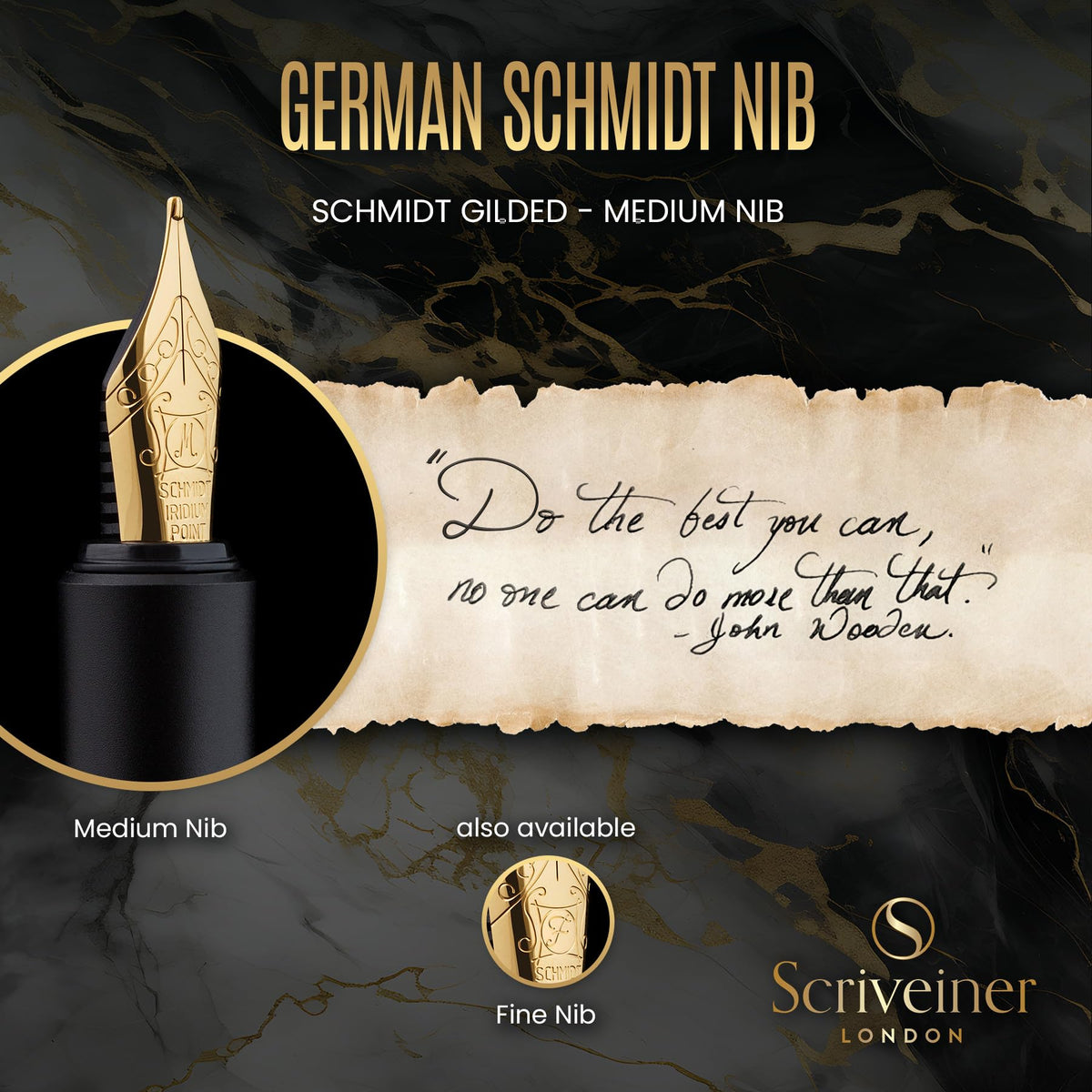 Scriveiner Luxury EDC Fountain Pen (Medium), Stunning Luxury Black Pocket Pen, Real Gold Plating