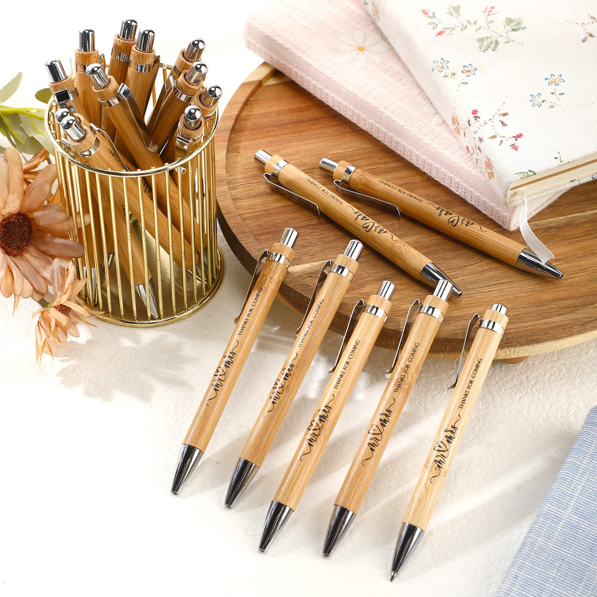 Fumete 100 Pieces Bamboo Wedding Pens Bulk Ballpoint Black Ink Bridal Shower Pens for Wedding