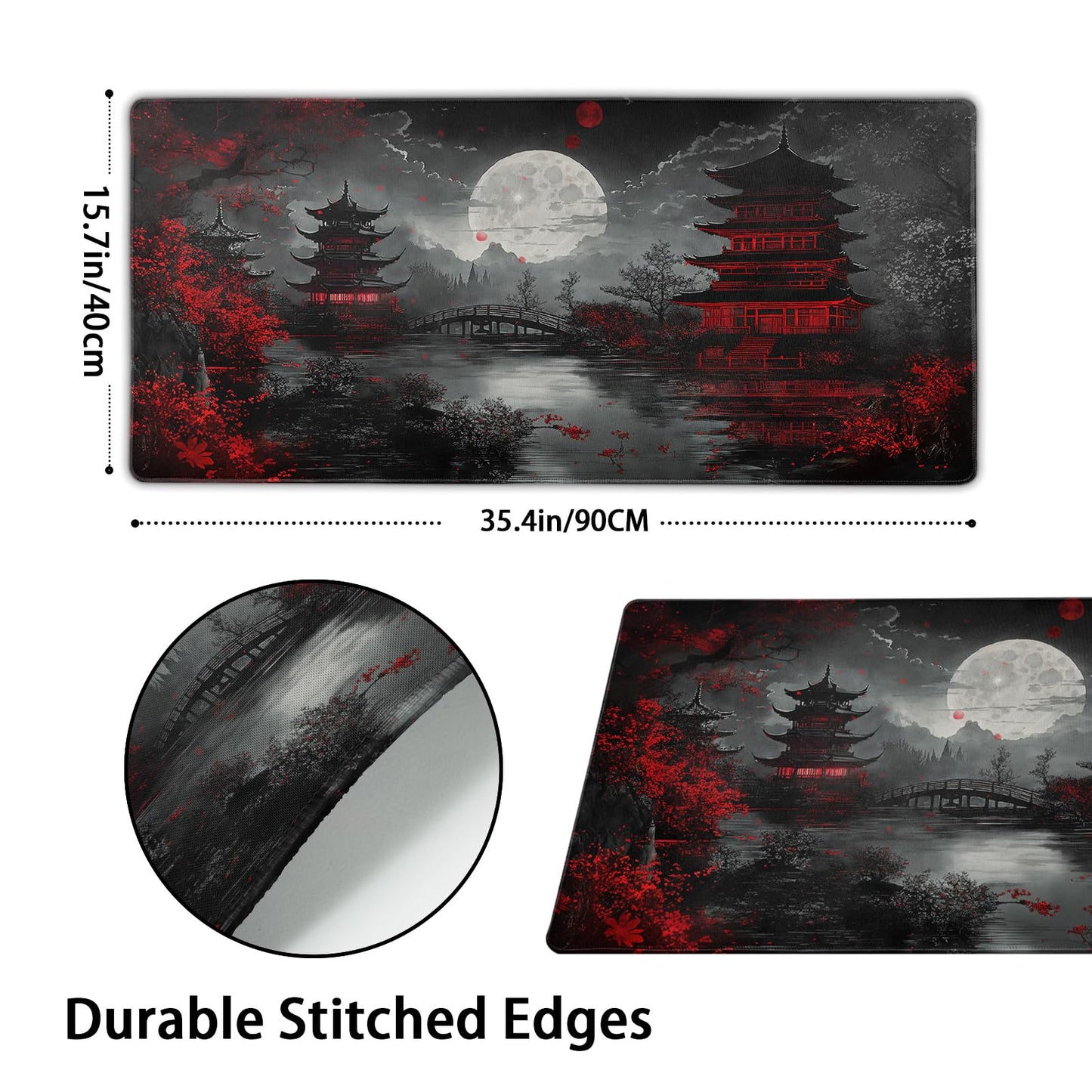 Japanese Mouse Pad XXL 35.4 X 15.7 Inch Black Red Design Style Extended Large Gaming Mousepad
