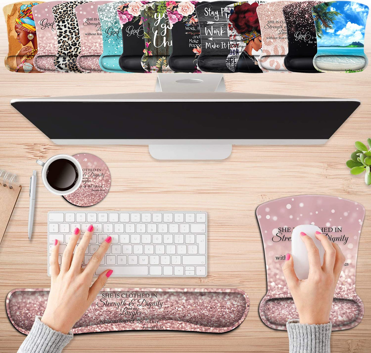 Keyboard Wrist Rest Pad and Ergonomic Mouse Pad Wrist Support Set Proverbs 31:25 Bible Verse Pink