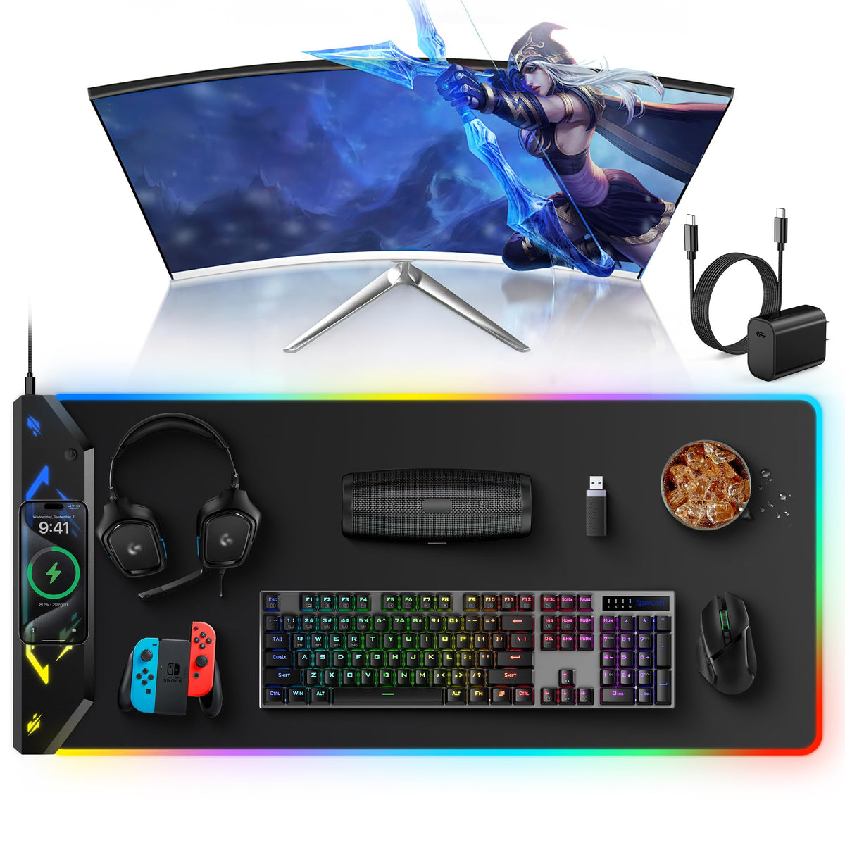 5-in-1 RGB Mouse Pad with Wireless Charging, Large Gaming Desk Mat, Black