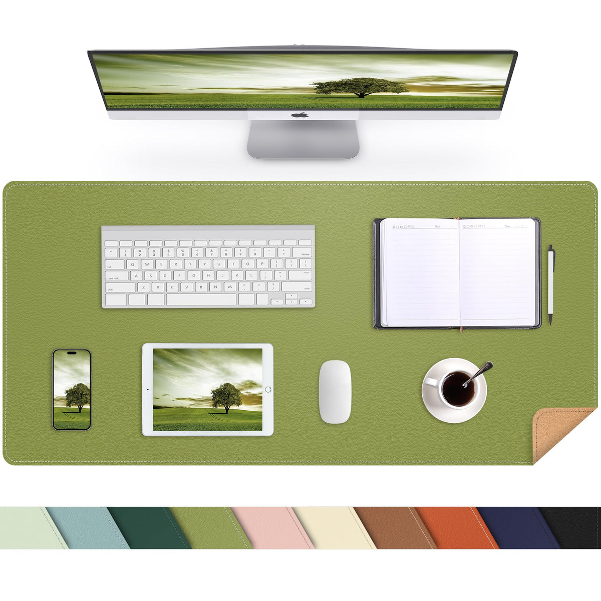 AFIING Cork Desk Mat, 35.4" x 17", Olive Green,Desk pad Protector
