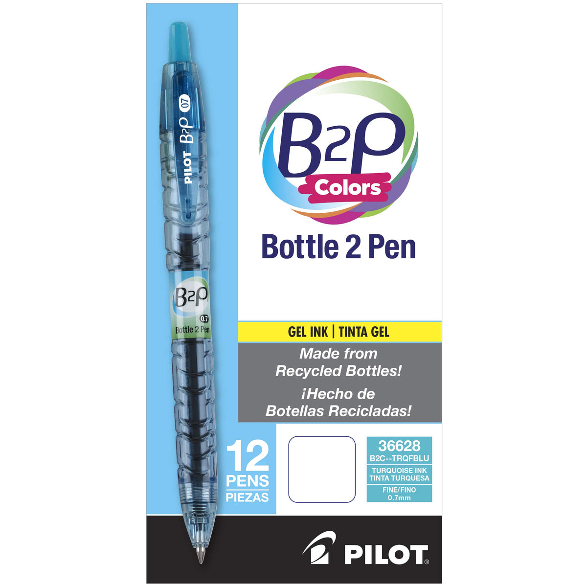 PILOT B2P Colors Gel Pen, Fine Point 0.7mm, Turquoise, 12-Pack
