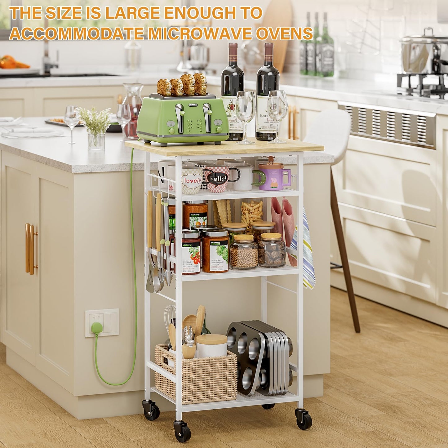 ThreeHio Rolling Kitchen Microwave Cart, 4 Tier Microwave Table Stand with Storage, Kitchen Storage