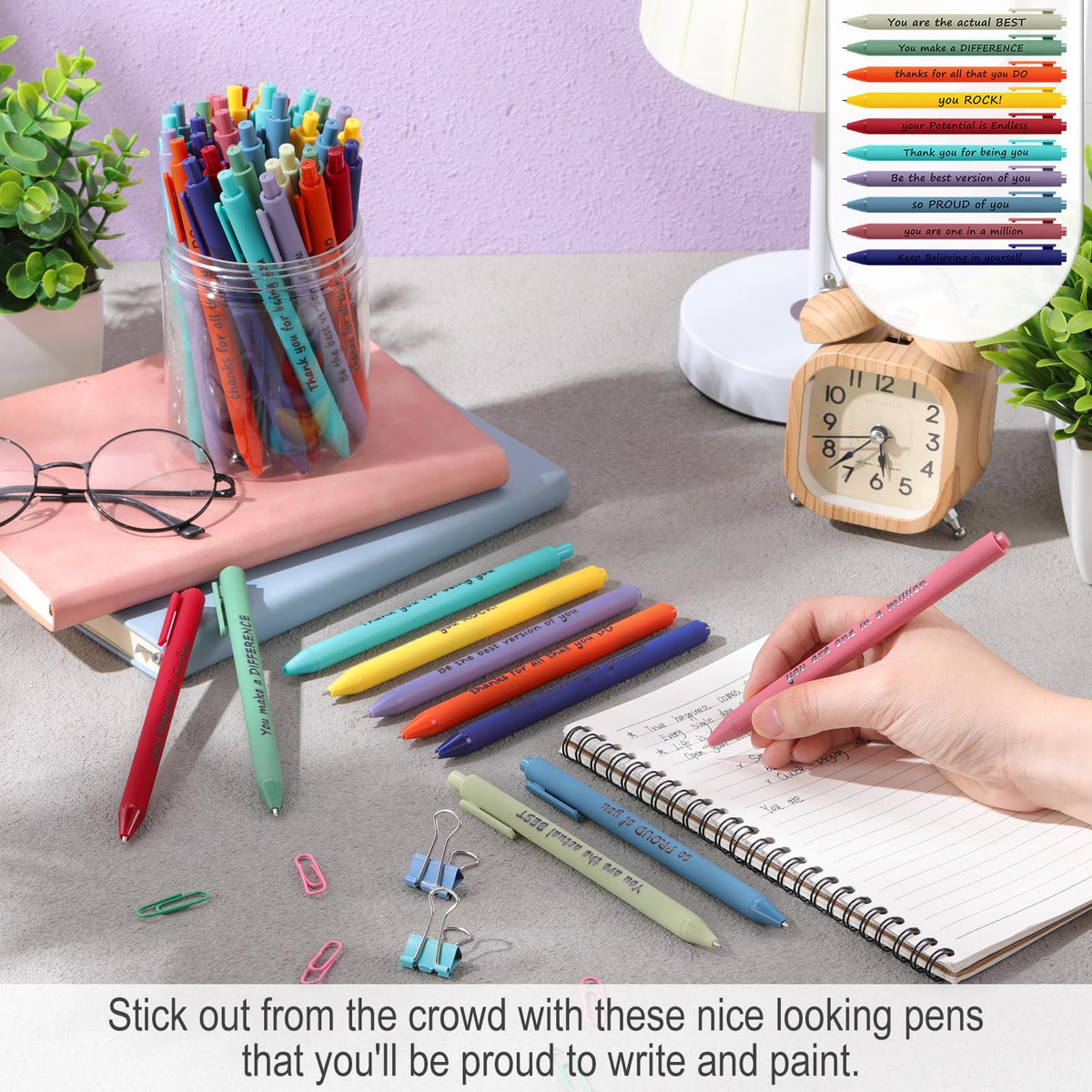 Crtiin 50 Pcs Inspirational Pens Bulk Rainbow Color, Thank Yourself