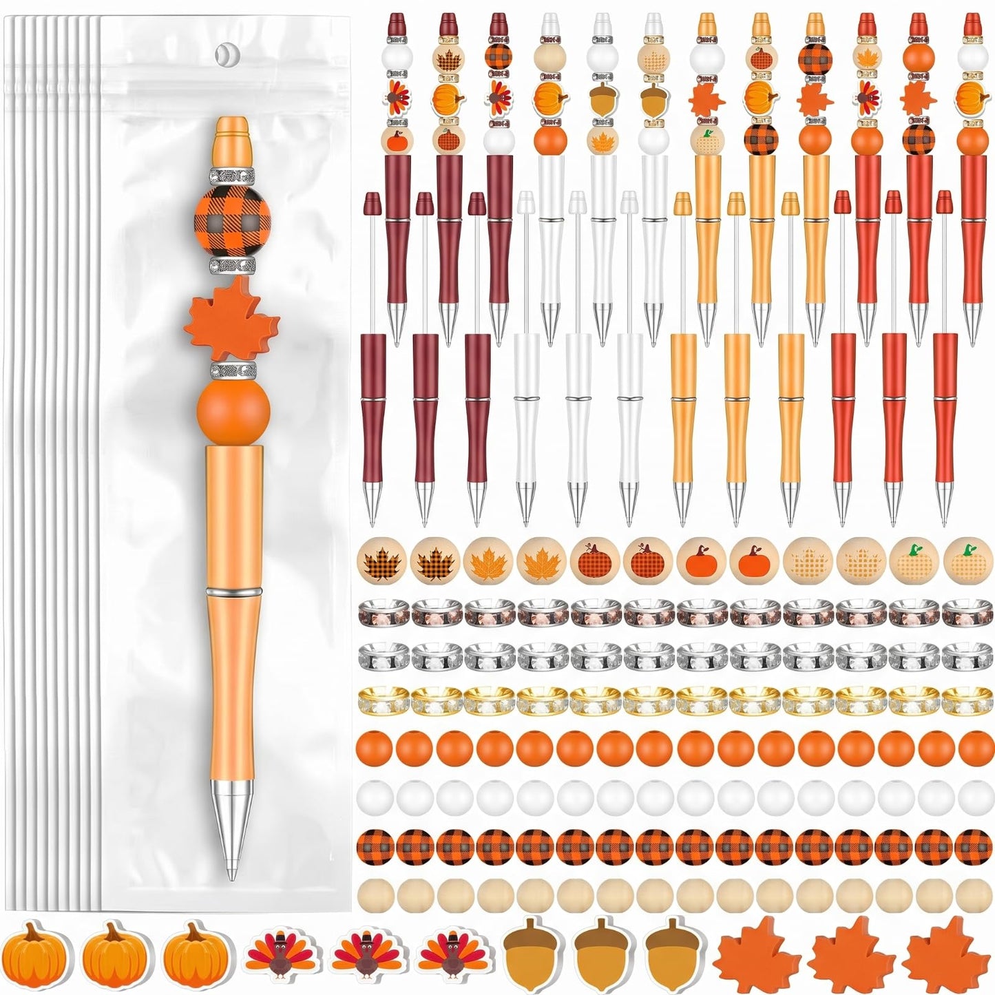 Zhanmai 197 Pcs Fall Bead Pens Kit Pumpkin, 24 Beadable Ballpoint Pens