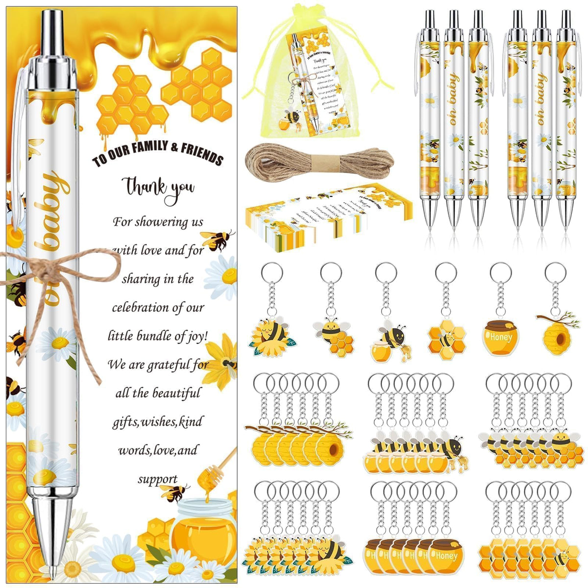 EYNDYN 145 Pieces Bee Baby Shower Favors for Guest Honeycomb Ballpoint Pens and Keychains Gifts