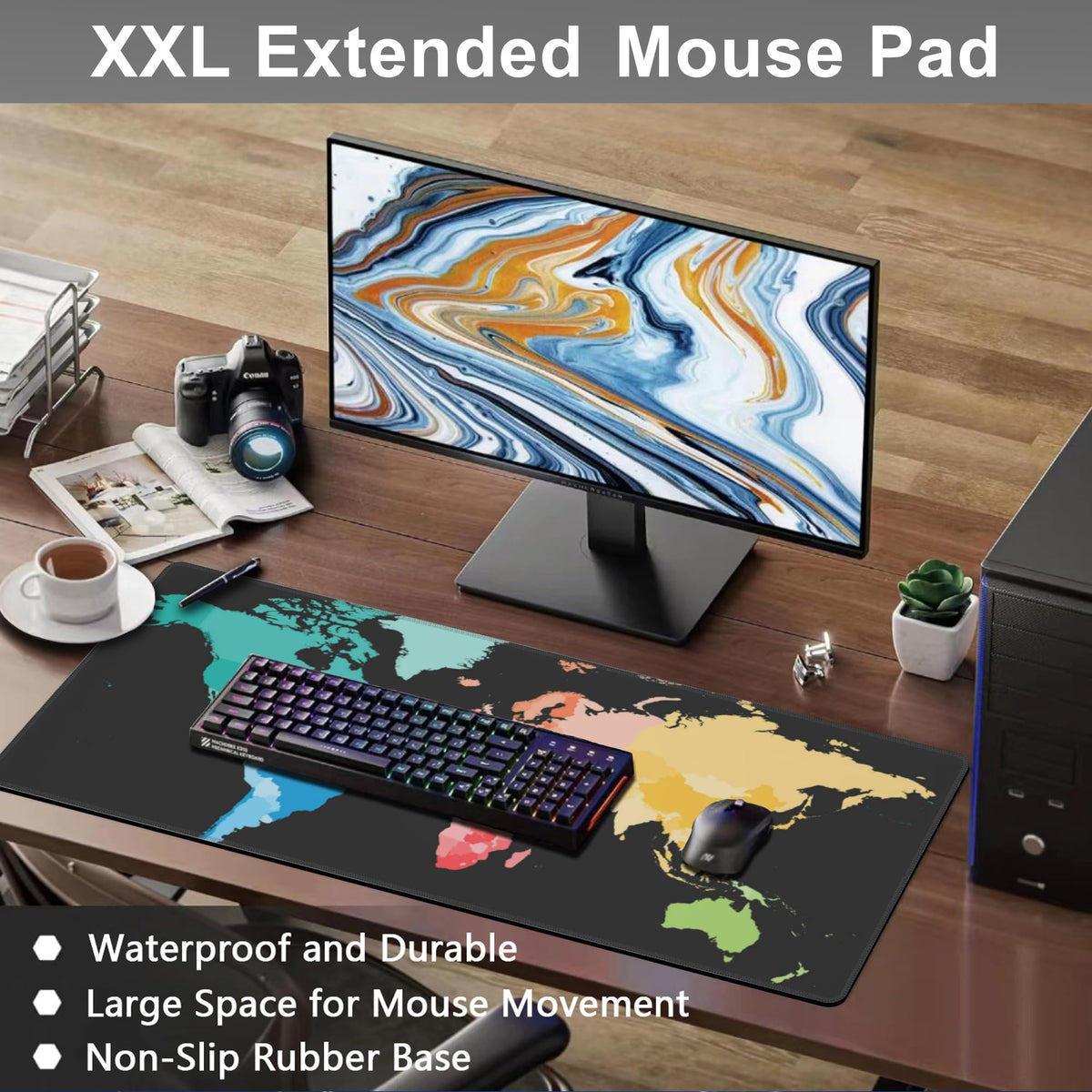 Mouse Pad, Large Colorful World Political Map Desk Mat, Extended Non-Slip Gaming Keyboard Mousepad