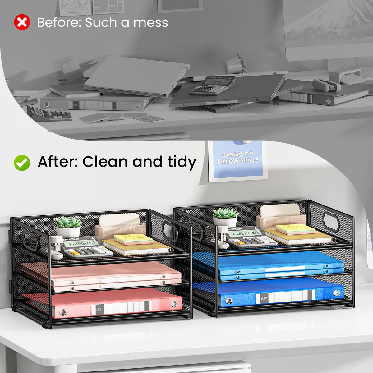 Subekyu 2-Pack 3-Tier Paper Letter Tray Organizer for Desk, Black Metal Mesh File Sorter Organizer