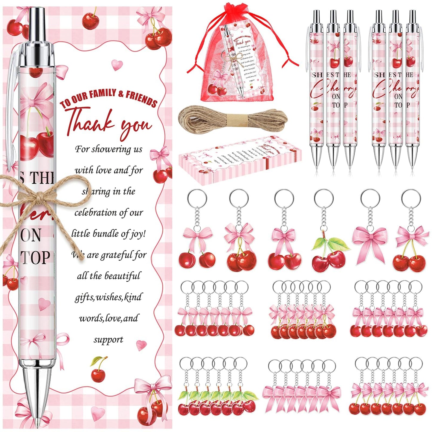 EYNDYN 145 Pieces Cherry Baby Shower Gifts for Guest Cherry on Top Ballpoint Pens and Keychains