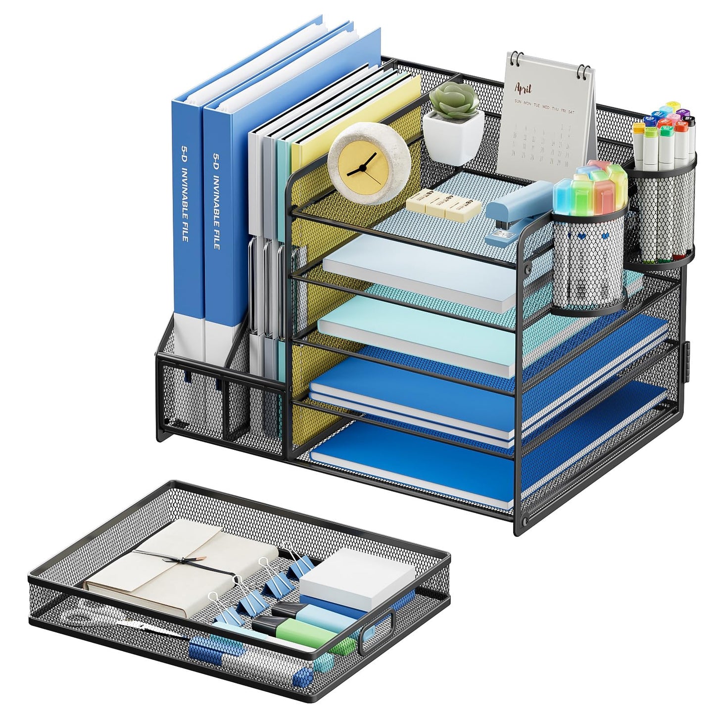 Lavatino Desk Organizer with File Holder, 5-Tier Paper Letter Tray Organizer with Sliding Drawer