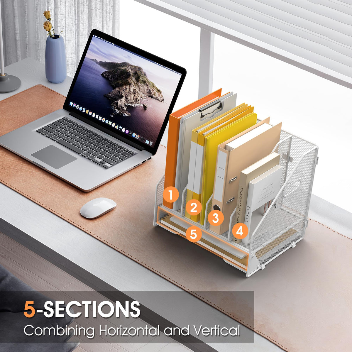 OrgMate 4 Vertical Mesh Desk Organizer with Paper Letter Tray, White