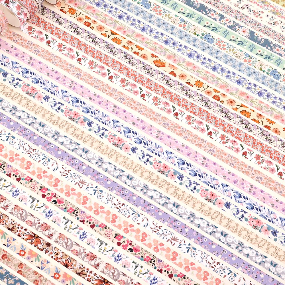 icceemee 60 Rolls Flowers Theme Washi Tape Set with Different Colorful Patterns, Writable