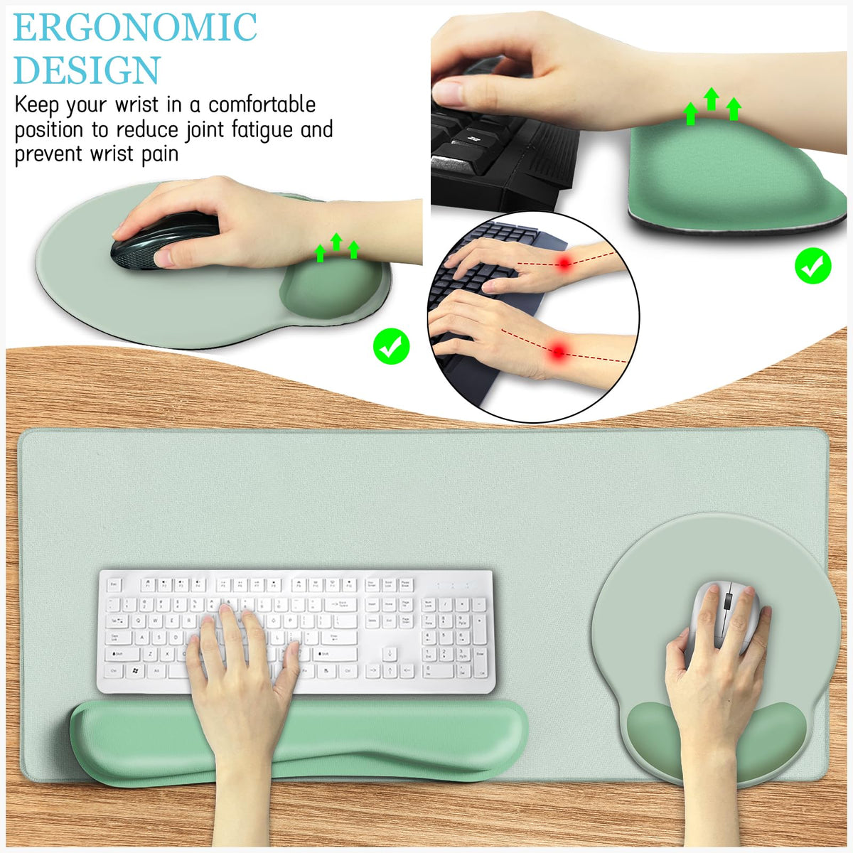LIMKRIAN Sage Green Mouse Pad Set, XXL Desk Matt for Desktop Decor