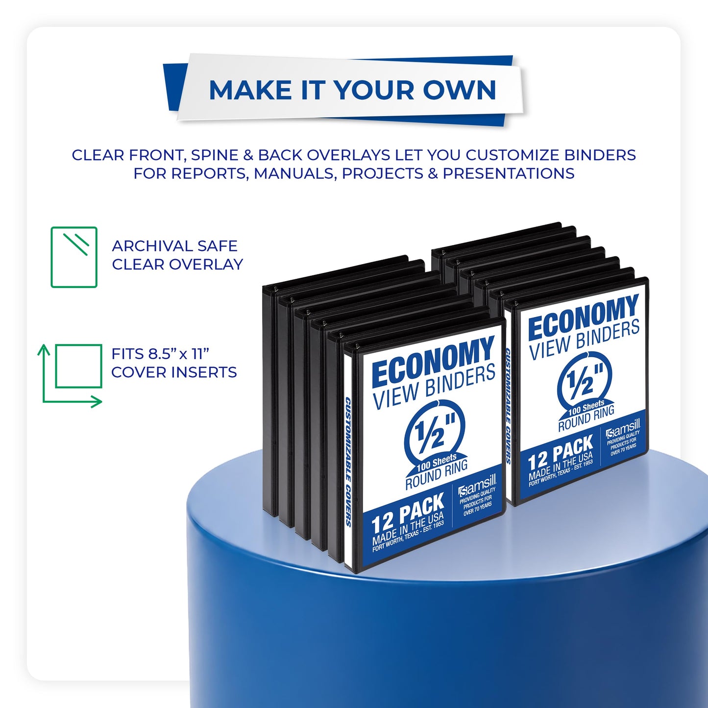 Samsill 0.5 Inch 3 Ring Binders, Economy Round Ring, Clear View Cover, 100 Sheet Capacity - for