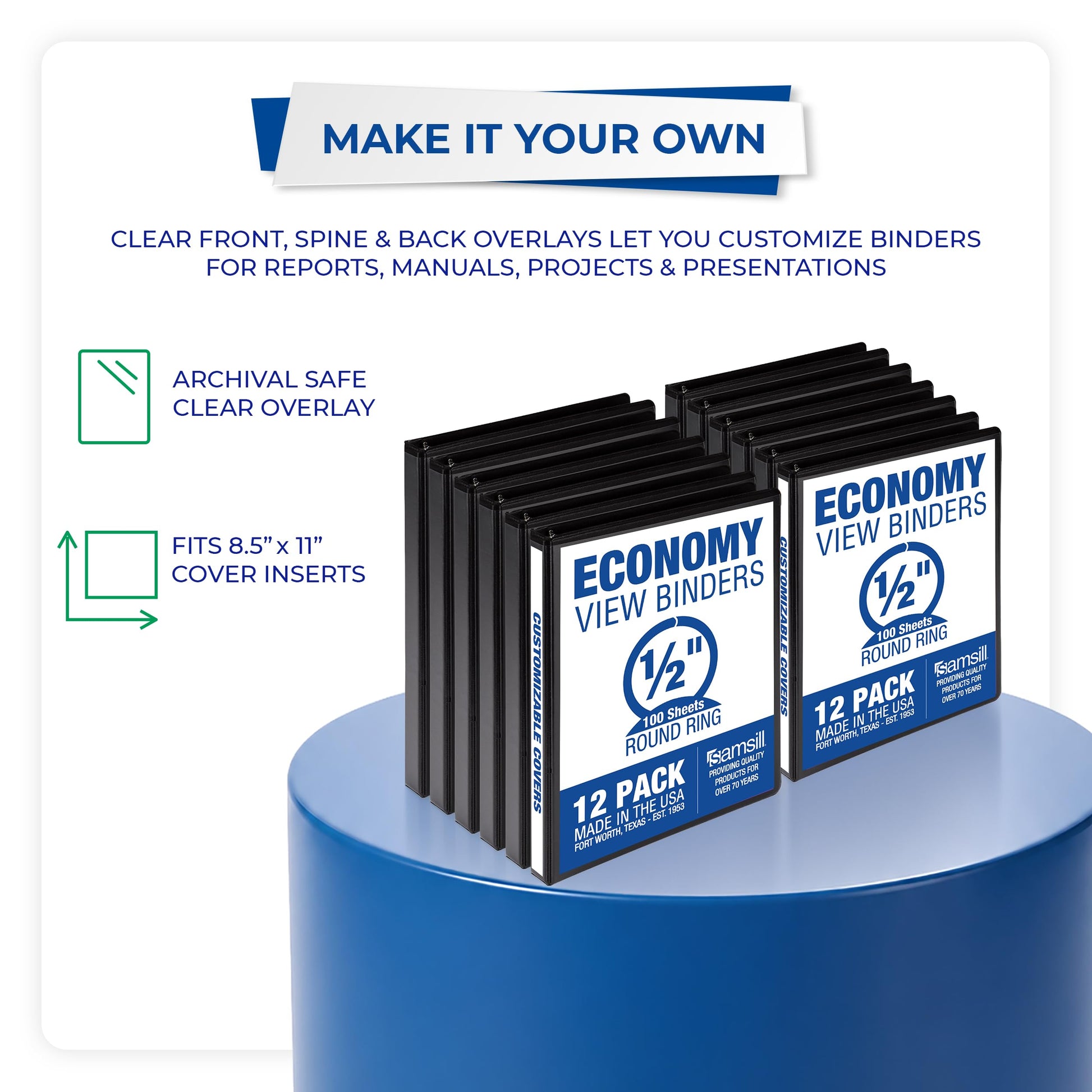 Samsill 0.5 Inch 3 Ring Binders, Economy Round Ring, Clear View Cover, 100 Sheet Capacity - for
