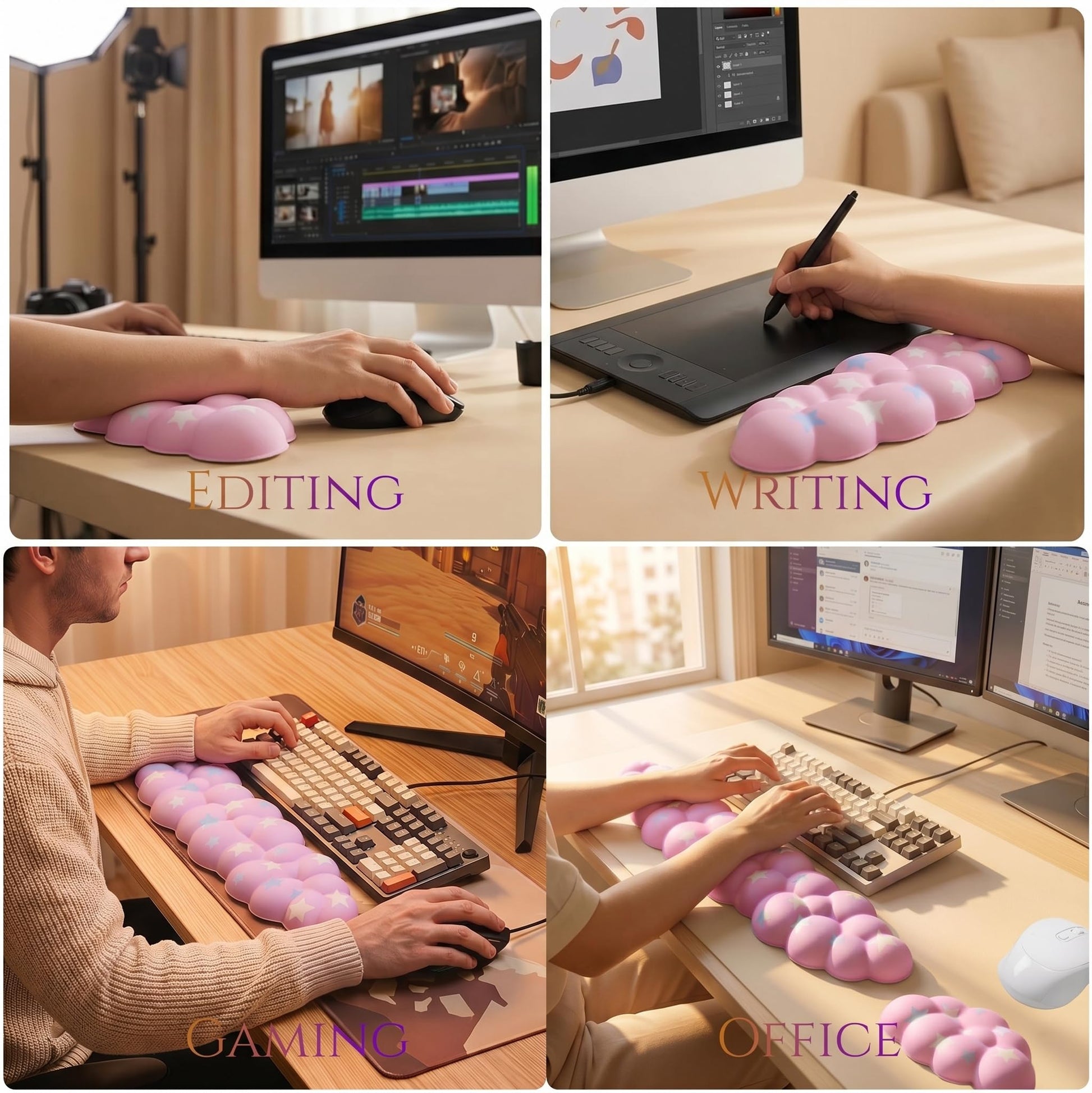 LJYZMD Cloud Wrist Rest Set for Keyboard & Mouse, 16.9", Pink Colorful Star