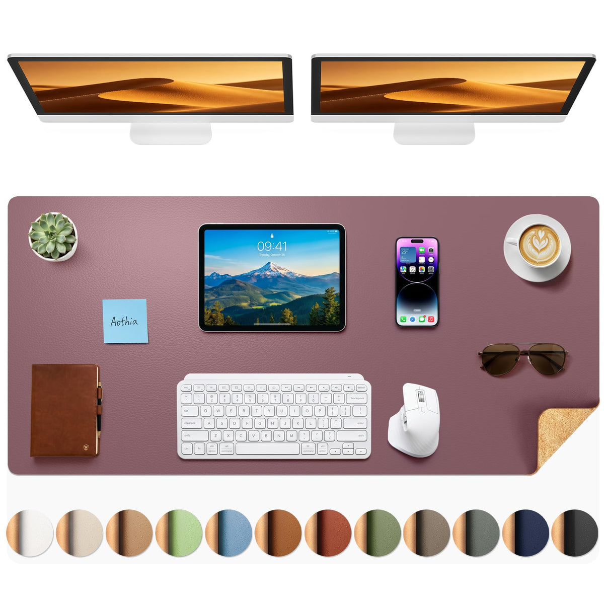 Aothia Dual-Sided Desk Mat, FSC Cork & PU Leather Desk Pad, Large Mouse Pad & Writing Surface for