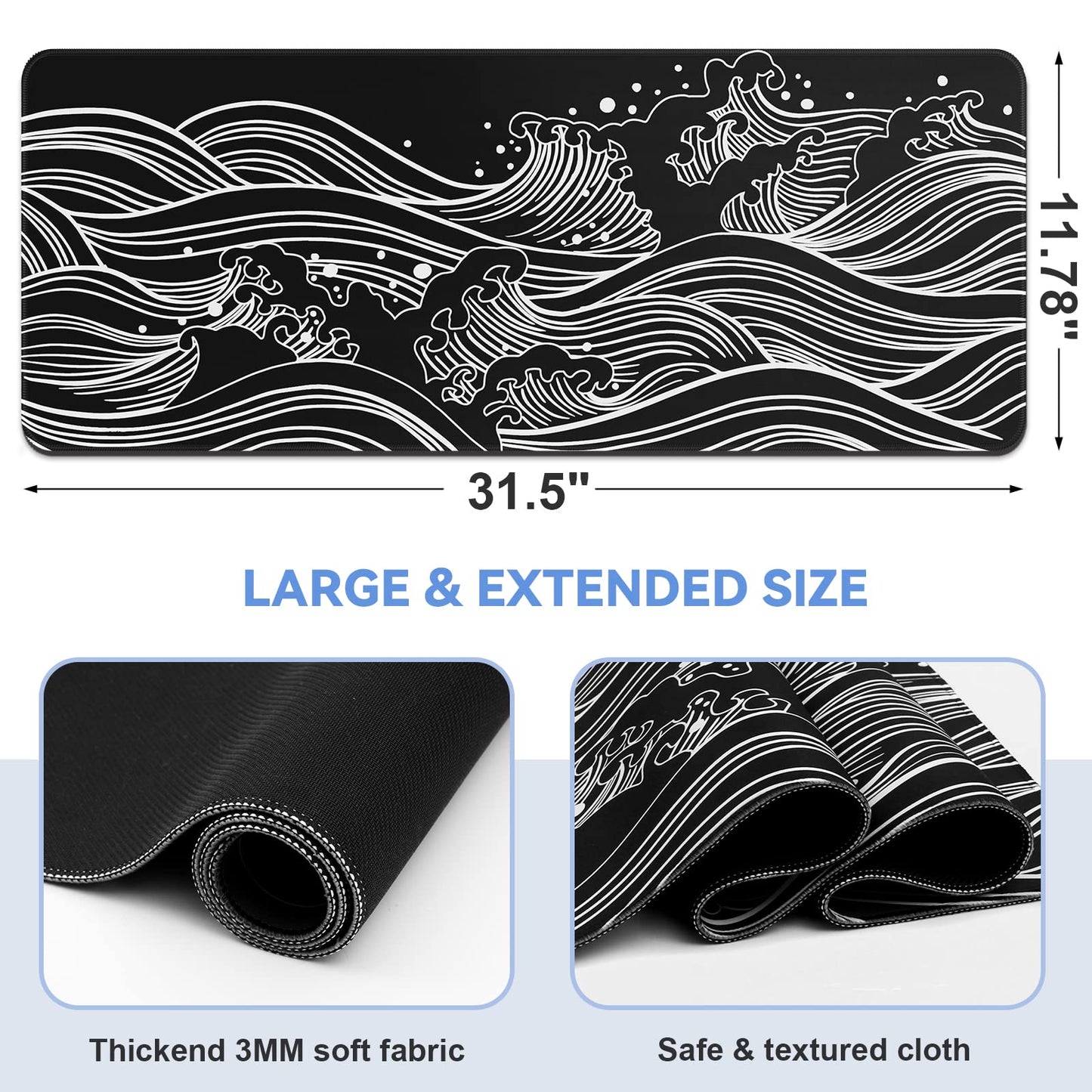 DIGSOM Gaming Mouse Pad Black and White Sea Wave Pattern, 31.5 x 11.8in