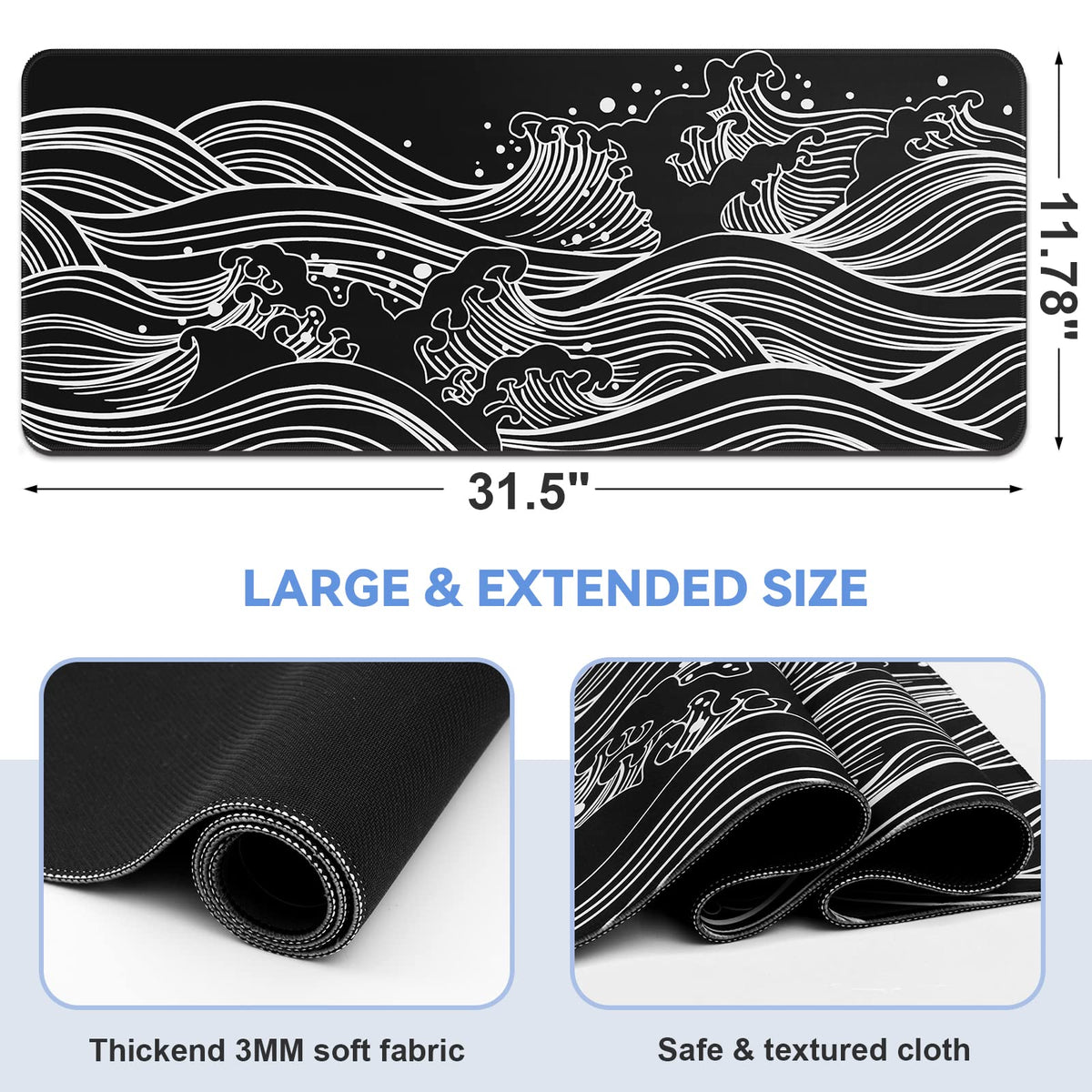 DIGSOM Gaming Mouse Pad Black and White Sea Wave Pattern, 31.5 x 11.8in