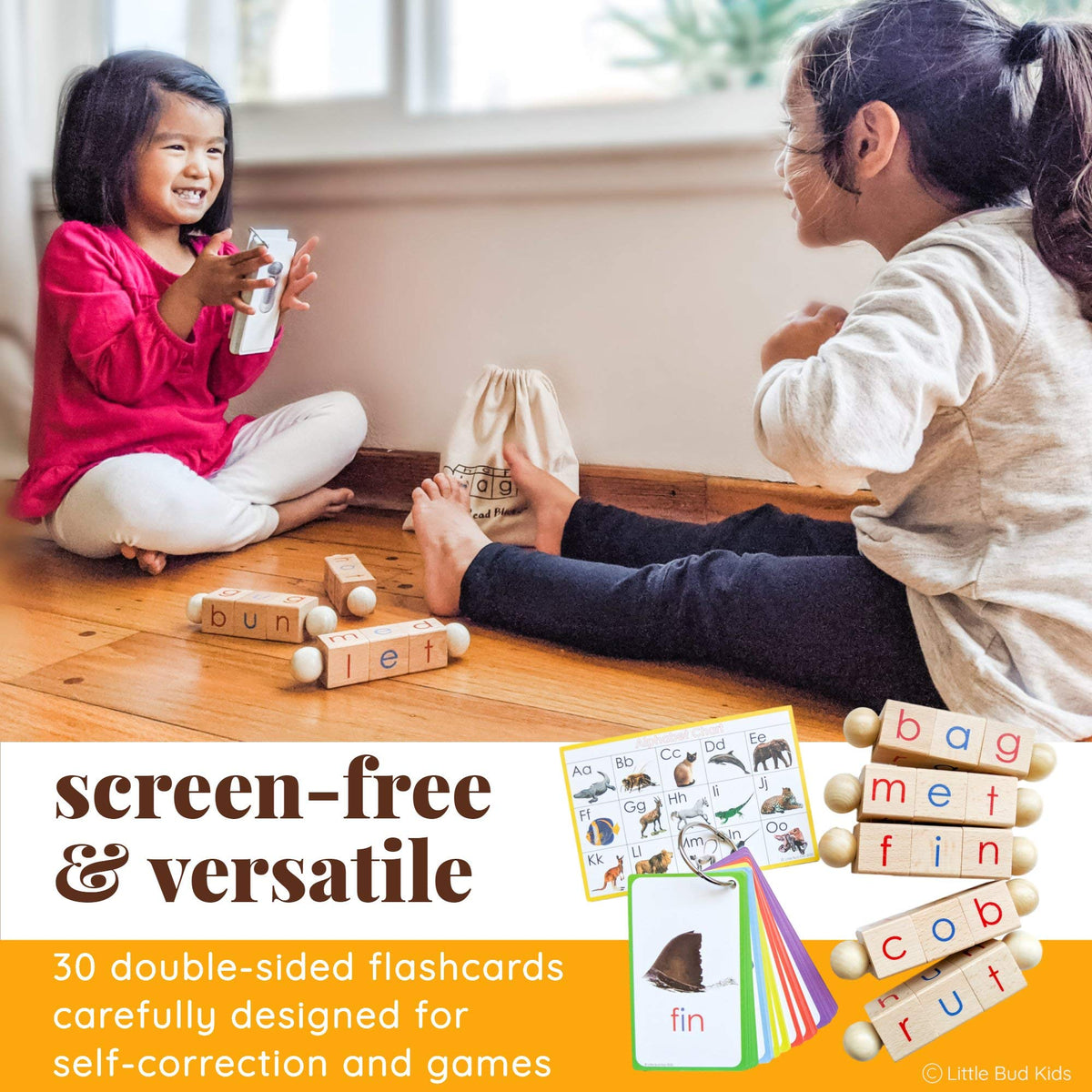 LITTLE BUD KIDS Spin-and-Read Montessori Phonetic Reading Blocks with CVC Phonics Flashcards for