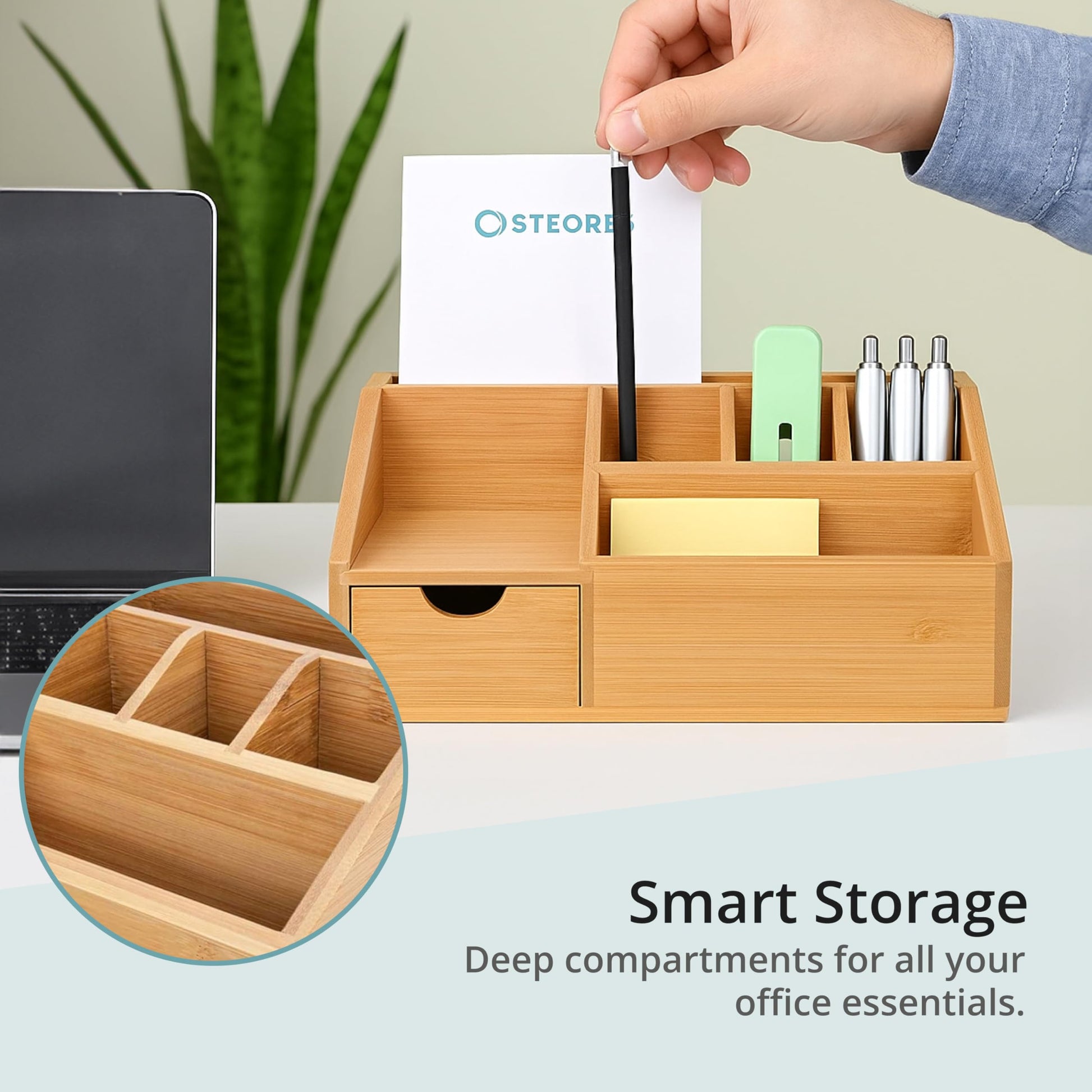 FLYGRUBS Thingles Bamboo Desk Organizer, Wood Pen Holder with Drawer, Storage Box, Pencil Box, Desk