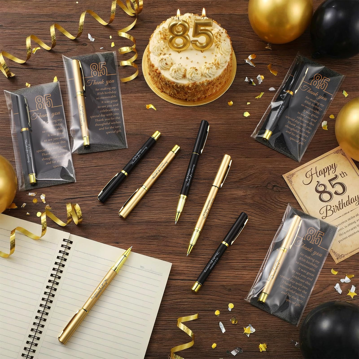 Feifeiya 50 Set 85th Birthday Favors with Black Gold Pens Cards