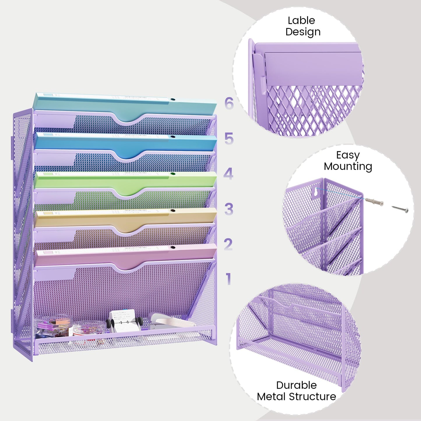 Kinkota Hanging Wall File Organizer, Desk Organizer with Metal Mesh, 6-Tier