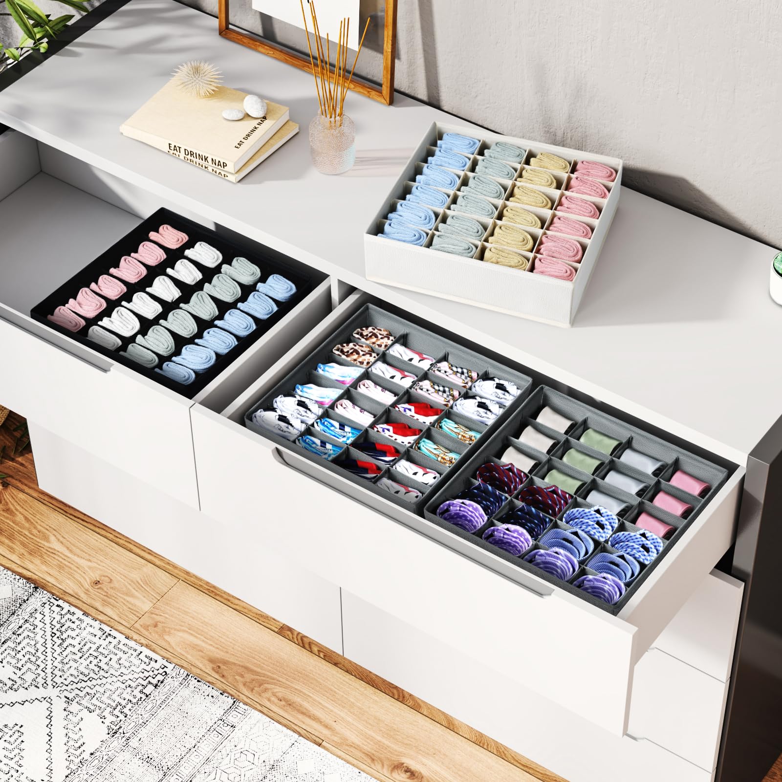 Easortm Sock Organizer 4 Pack, Foldable Underwear Drawer Organizer - 24 Cell for Socks