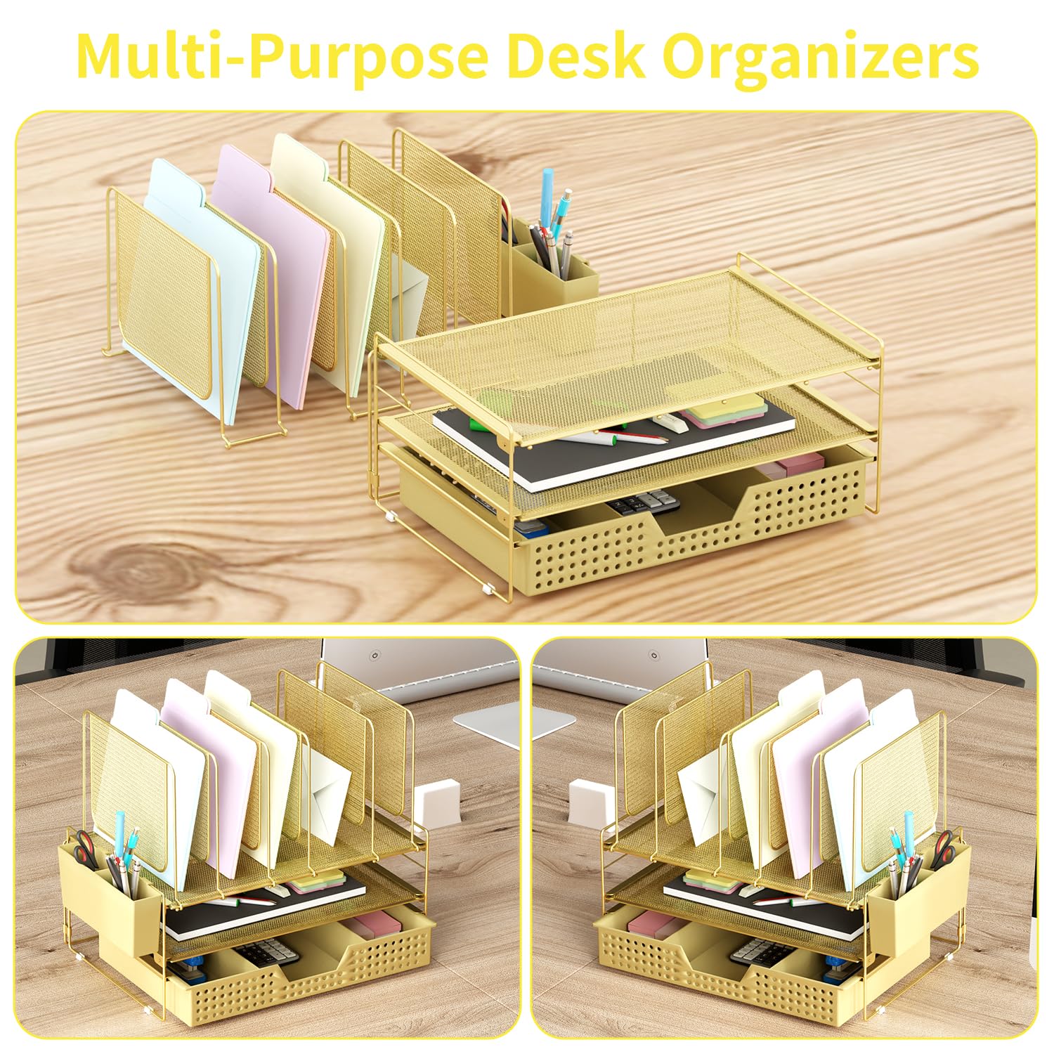 LEKETREE Gold Desk Organizer, Office Organization with Vertical File Holder, File Organizer with
