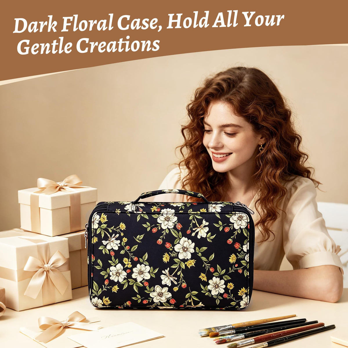 YOUNGCOL 300-Capacity Colored Pencil Case Pen Organizer(Black vintage floral)