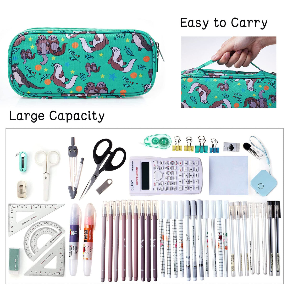 LParkin Cute Otter Gifts, Otters Pencil Case Super Large Capacity, Canvas 3 Compartments Pen Bag