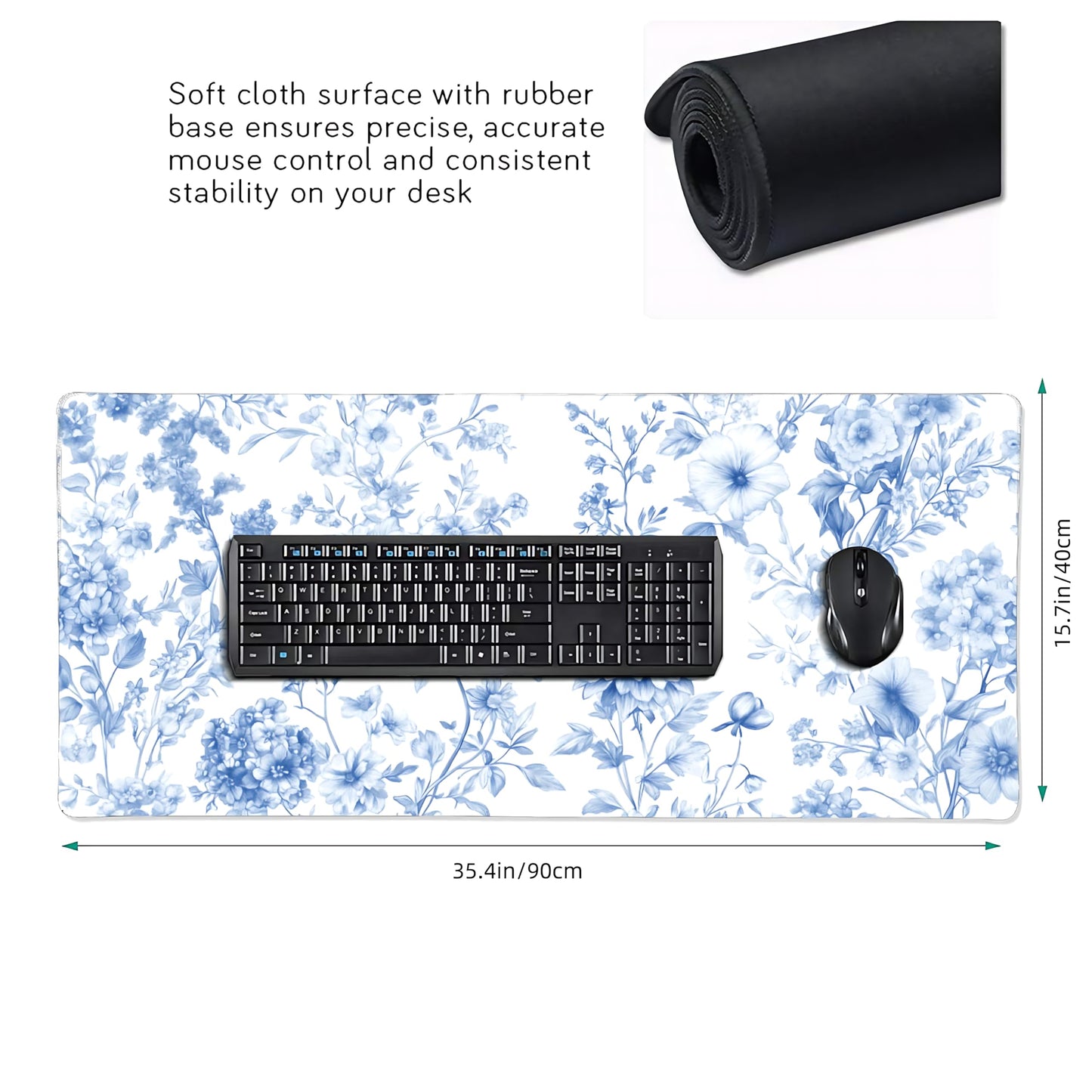 Floral Aesthetic Dahlia Gaming Mouse Pad, White Blue Chinoiserie Desk Mat with Anti-Slip Base &
