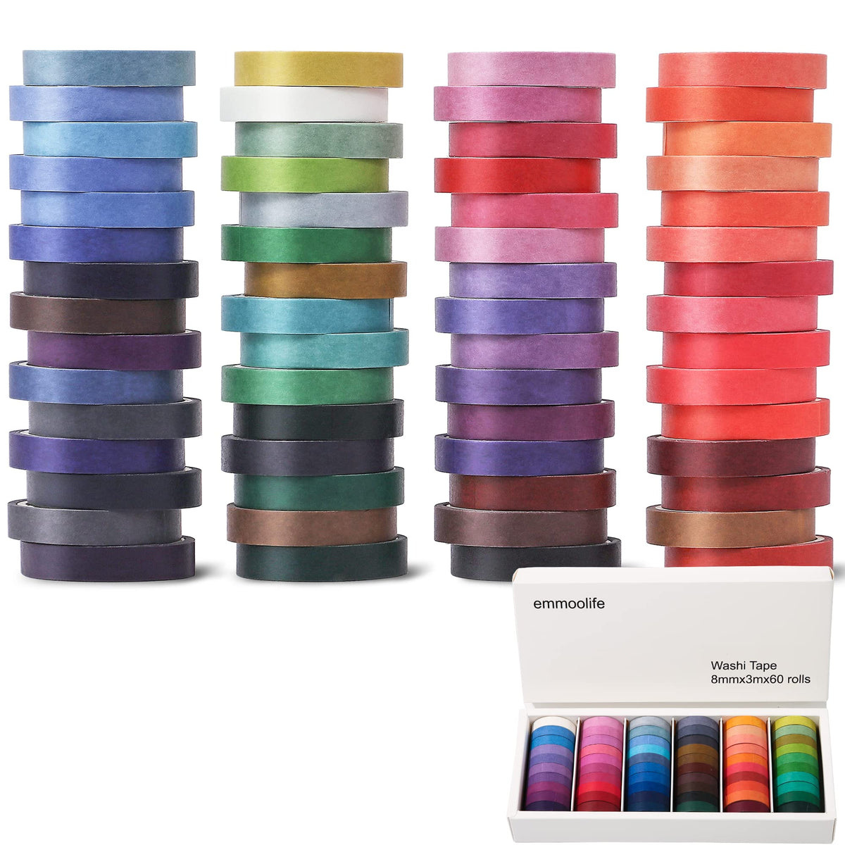 60 Rolls Washi Tape Sets 8mm Wide 10ft Long Basic Solid Color Rainbow Colored Decorative Thin