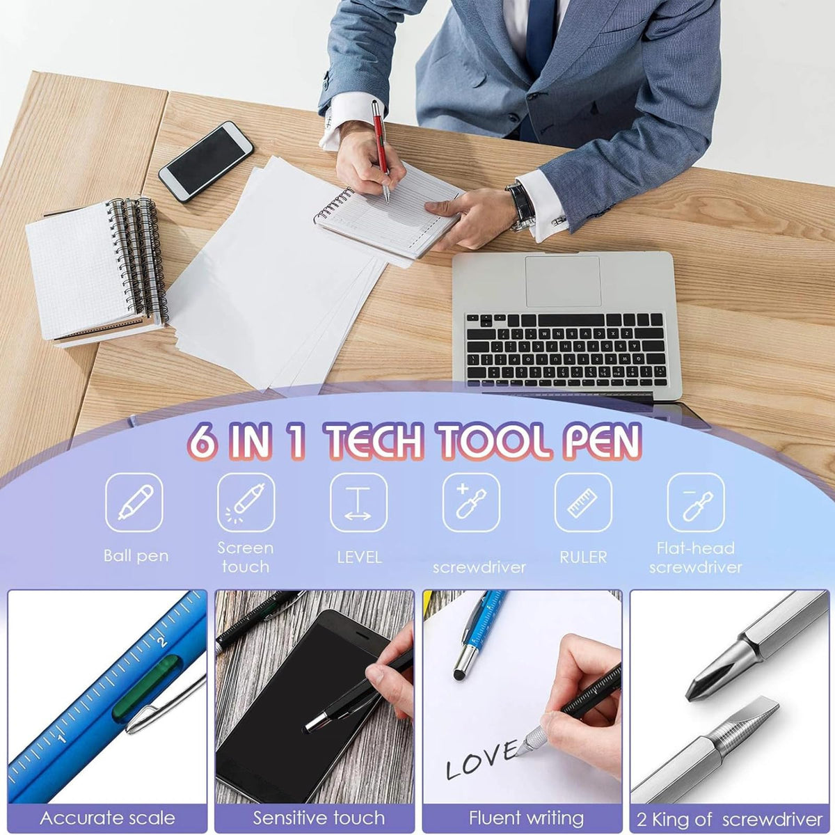 Zonon 36 Pcs 6 in 1 Multi Tool Pen with Ruler Level,Assorted Colors