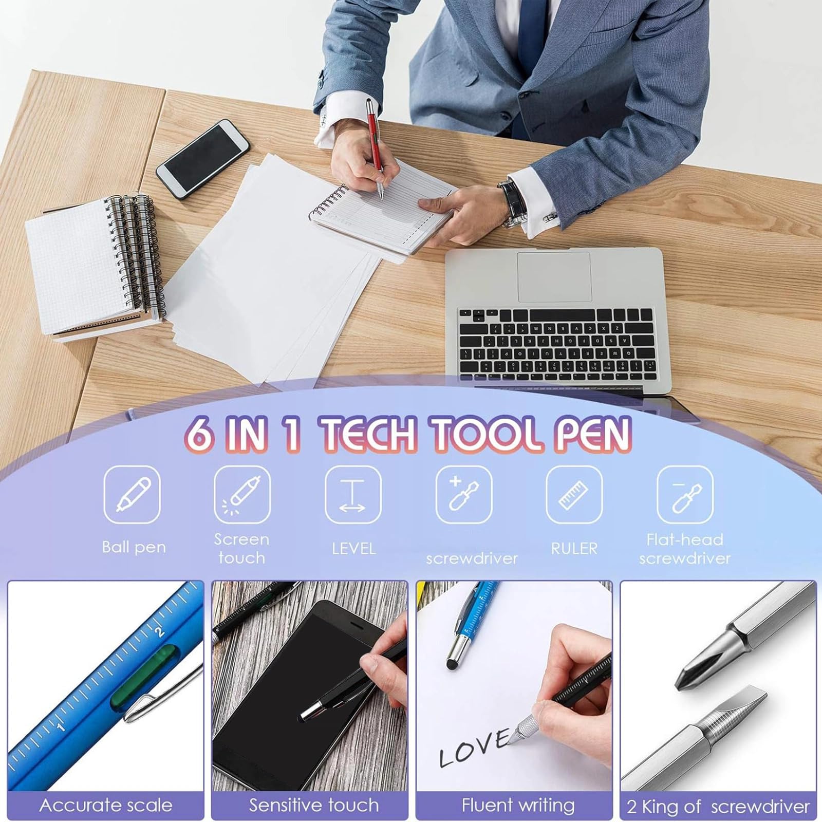 Zonon 36 Pcs 6 in 1 Multi Tool Pen with Ruler Level,Assorted Colors