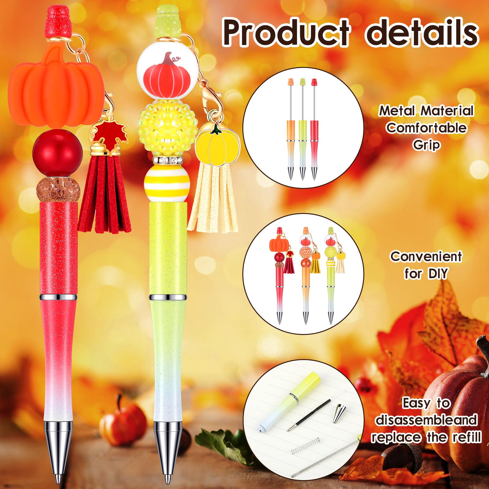 Jutom 12 Fall Beadable Pens Halloween DIY Kit 50 Beads 12 Tassels Pendants