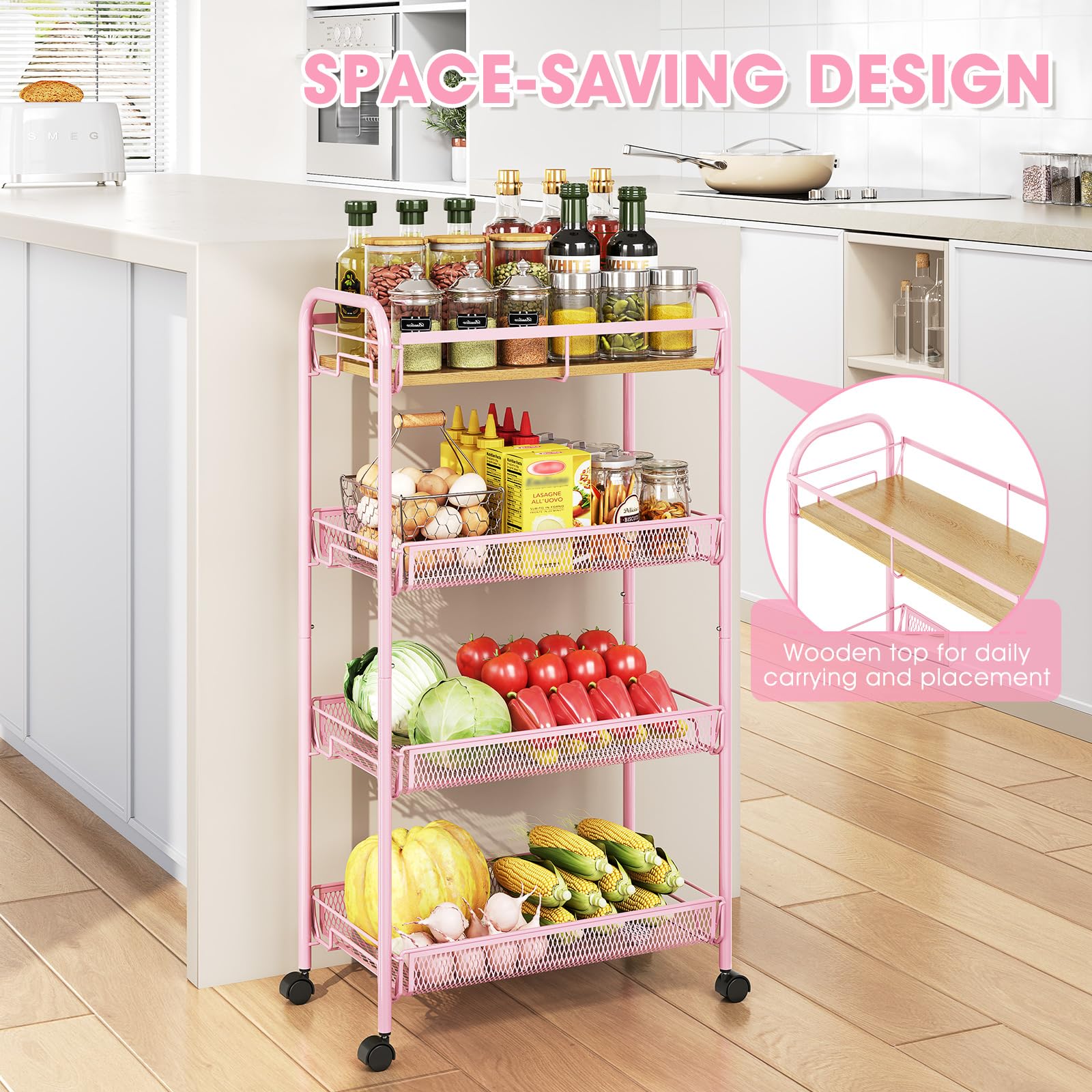 TOOLF 4-Tier Slim Rolling Cart, Metal Storage Cart with Wooden Tabletop and Mesh Baskets for Narrow