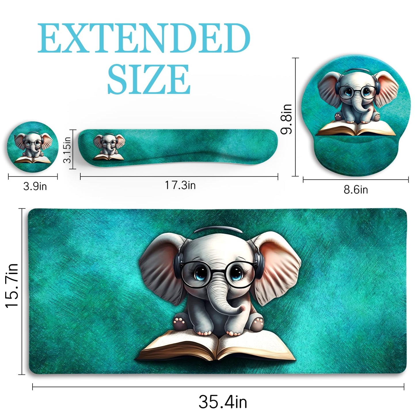 LIMKRIAN Large Desk Mat Set, Mouse Pad with Wrist Rest, Cute Elephant