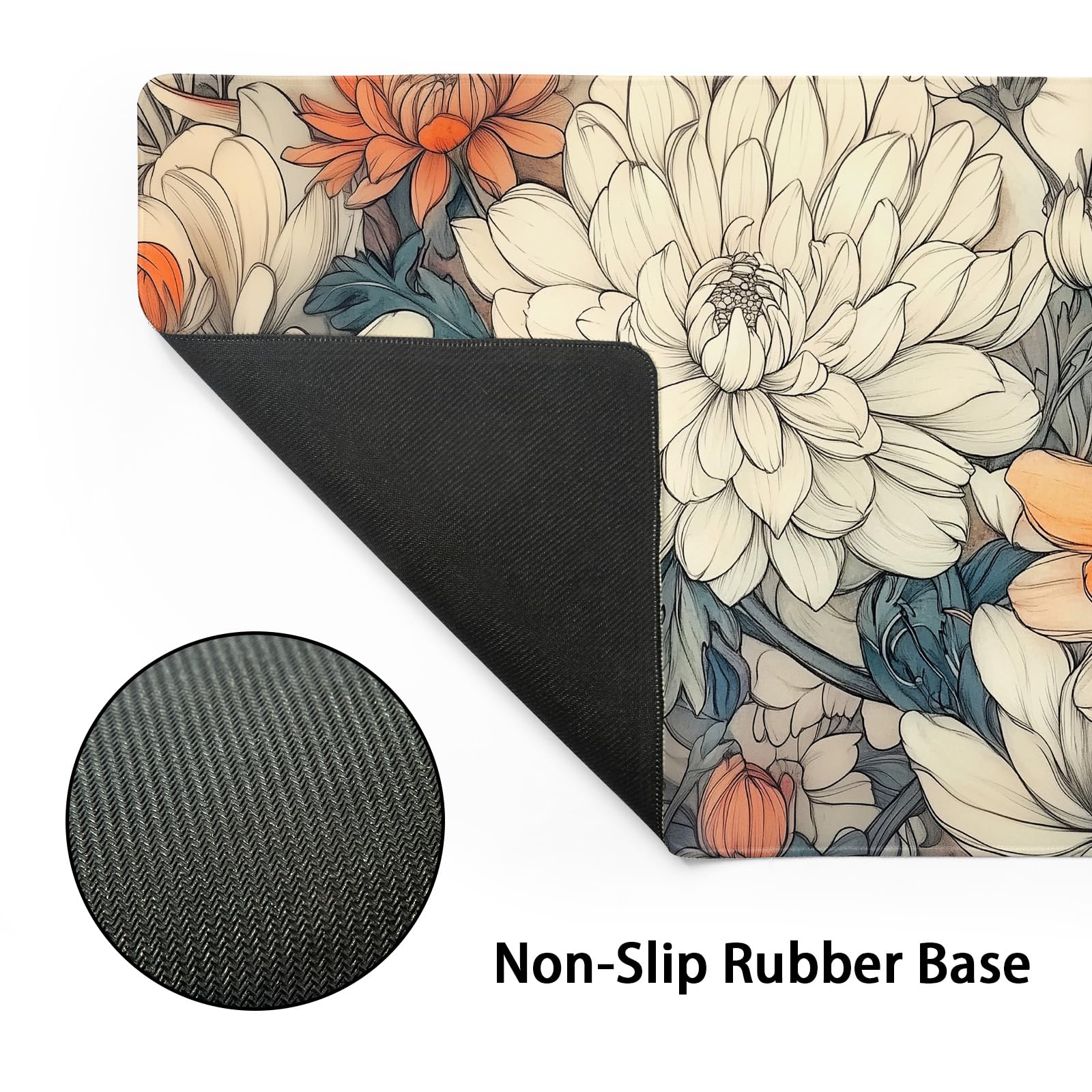 Minimalist Floral Gaming Mouse Pad XL White Orange Aesthetic Flowers Japanese Extended Large Mat