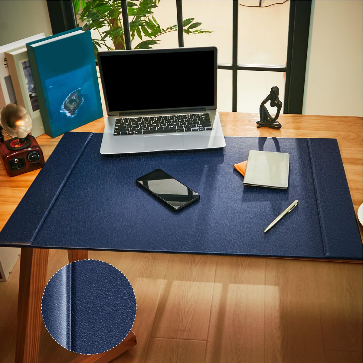 Saysurey Leather Desk Pad Protector with Side Rails, Blue, 30 x 18 Inch