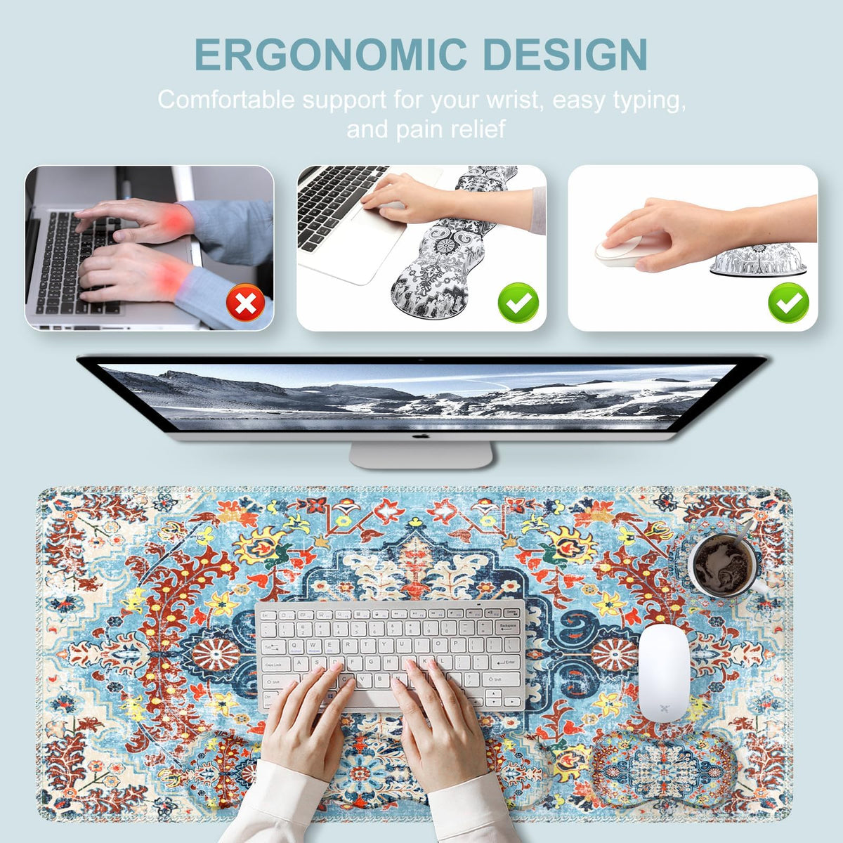 iLeadon Boho Desk Mat Set,Large Mouse Pad and Keyboard Wrist Rest,Blue