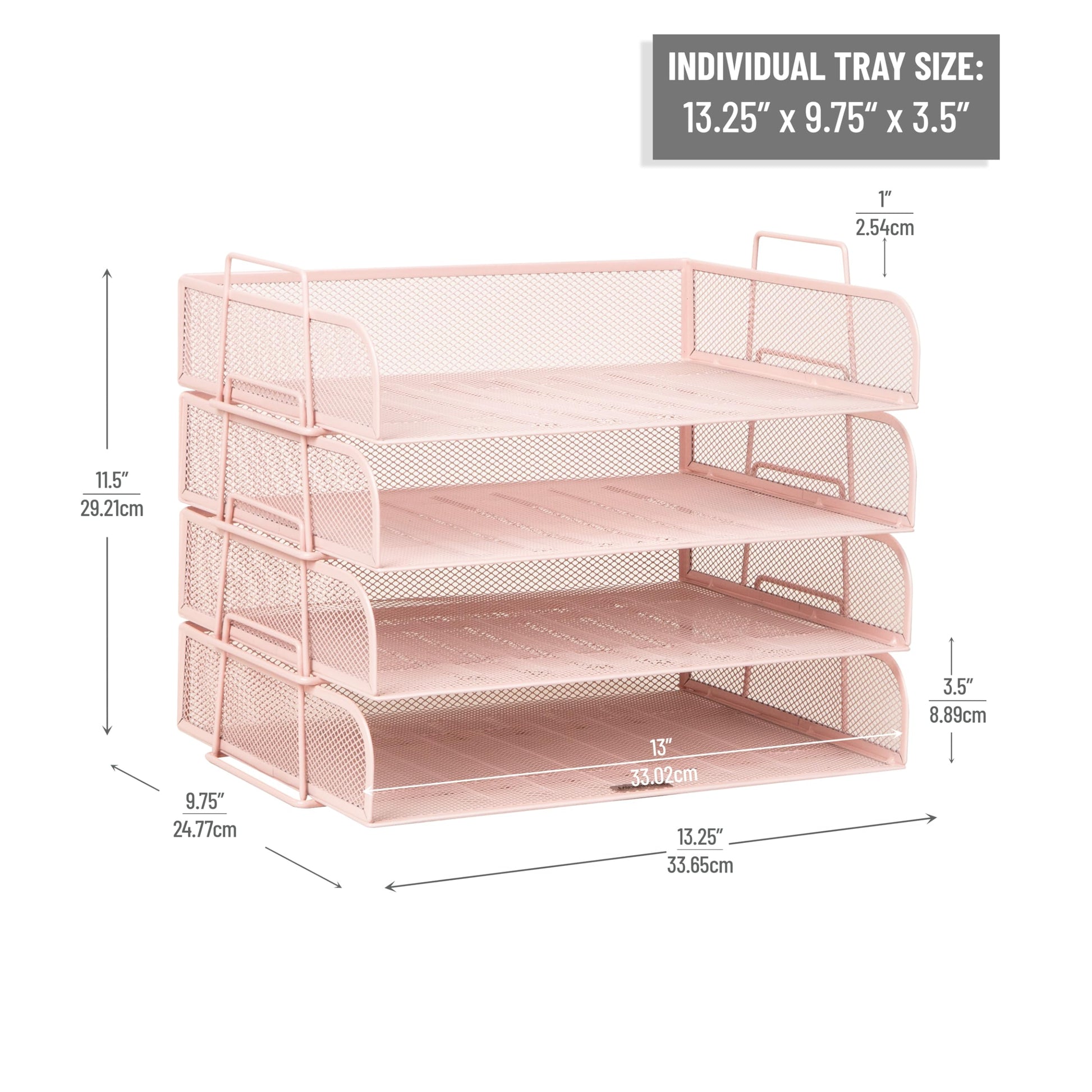 Mind Reader Stackable Paper Tray, Desktop Organizer, File Storage, Office, Metal Mesh, 4 Pcs., Pink