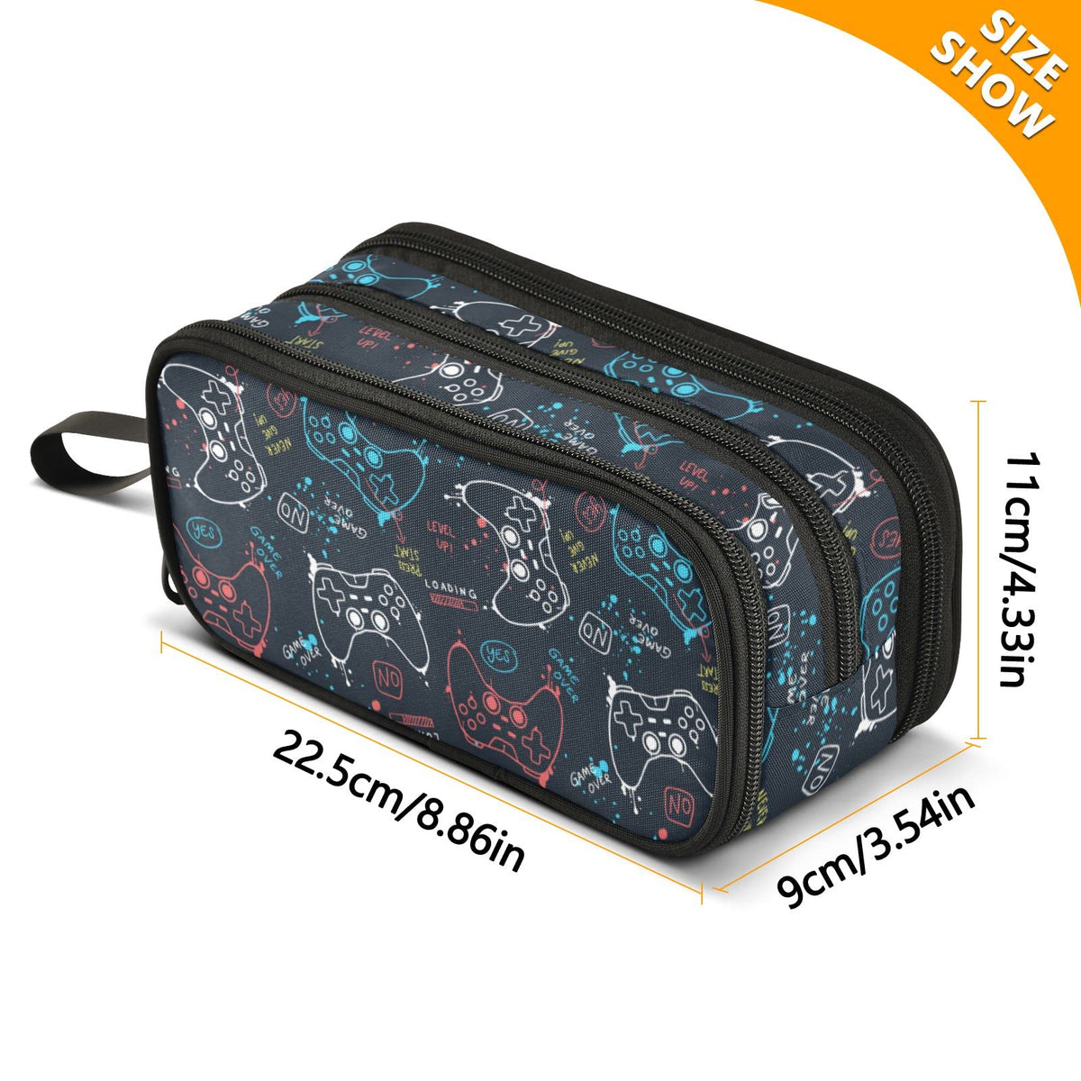 Sletend Pencil Case Big Capacity Gaming Gamepad Pattern Handheld 3 Compartments Pencil Pouch