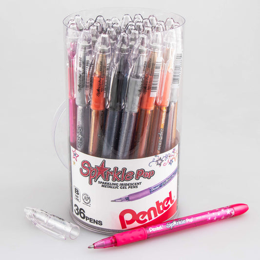 Pentel Sparkle Pop Iridescent Gel Pens, (1.0mm) Bold Lines, Assorted Ink (A/C/D/F/P/V/x/Z) 36-PK