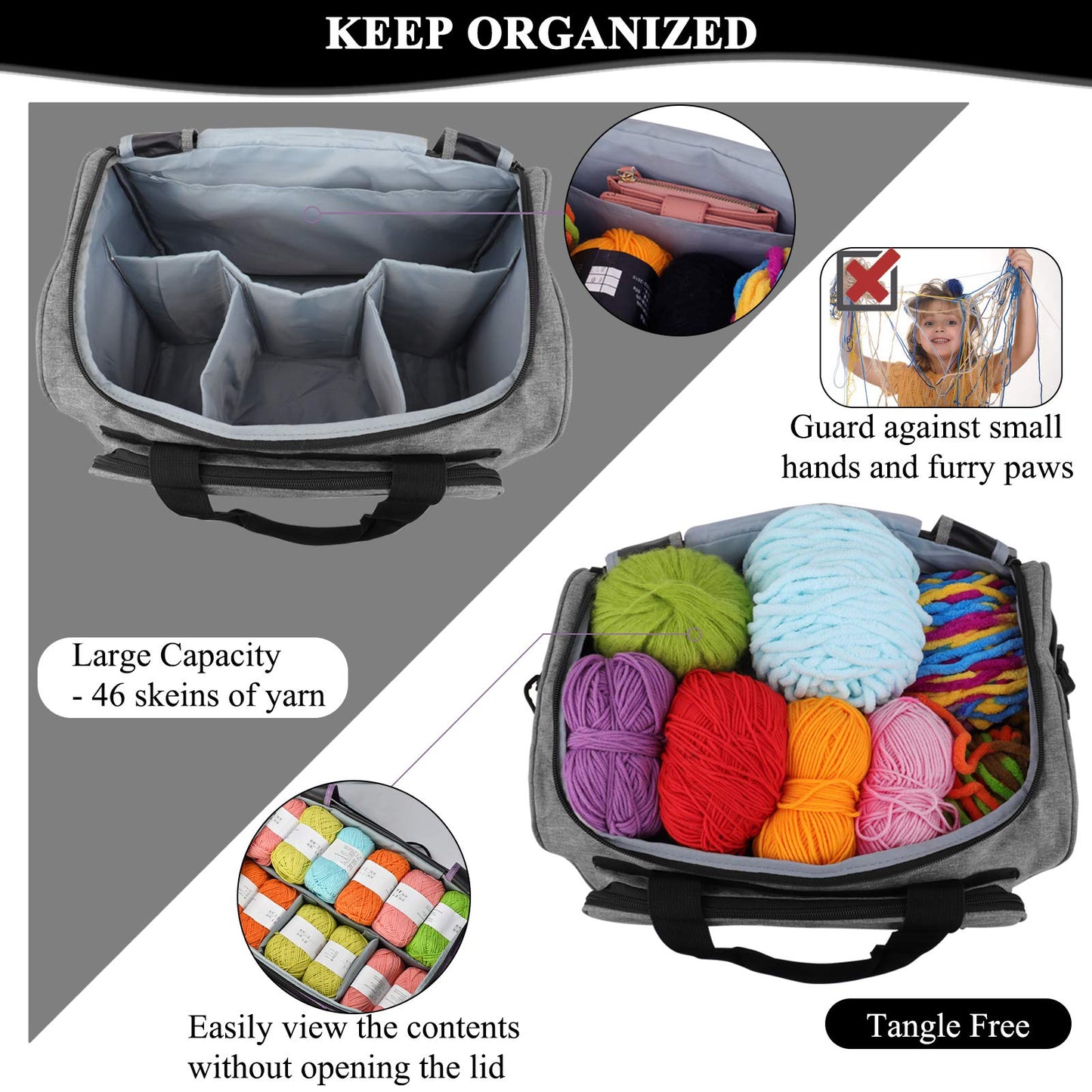 Coopay Giant Knitting Tote Bag, Travel Knitting Bag Yarn Storage Bag with Removable Inner Divider