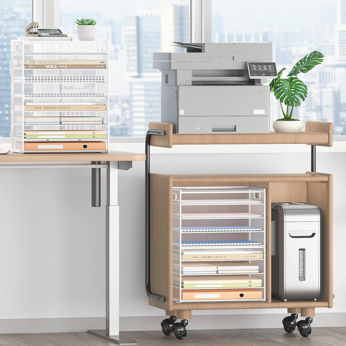 SUBEKYU 9 Tier Paper Letter Tray Desk Organizer with Handles - White Metal Mesh File Holder Paper