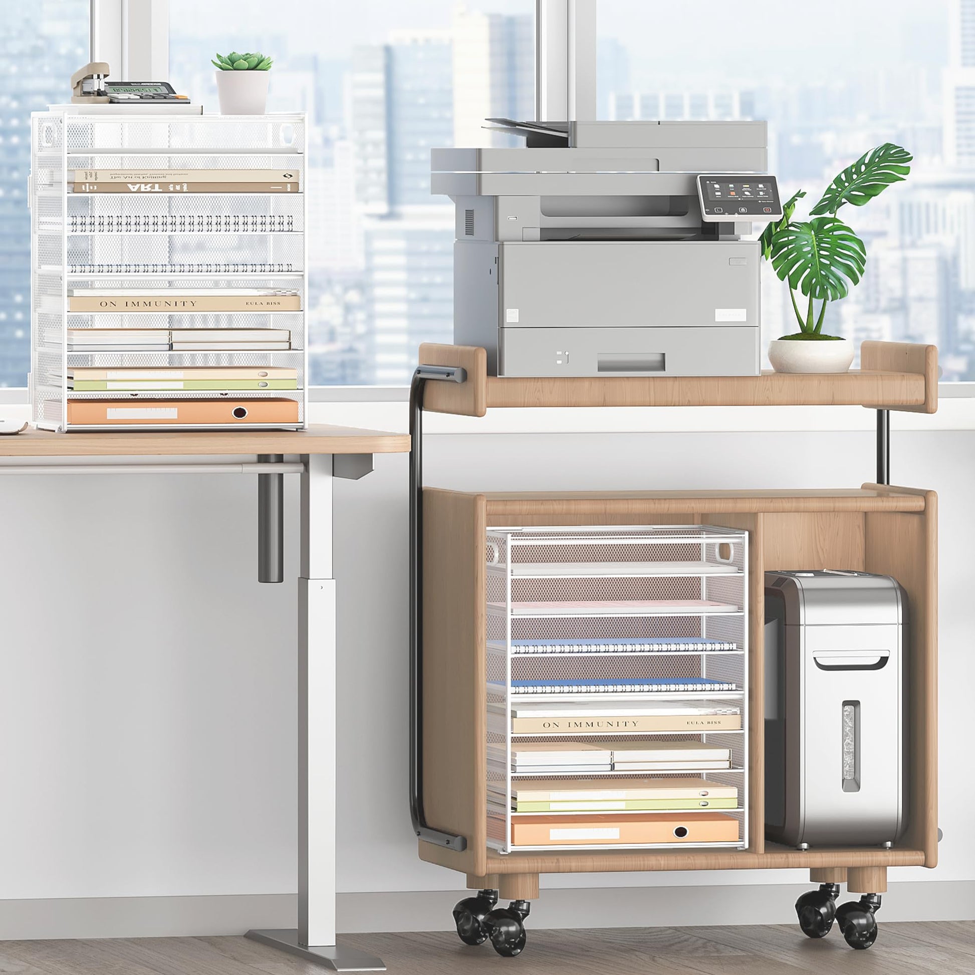 SUBEKYU 9 Tier Paper Letter Tray Desk Organizer with Handles - White Metal Mesh File Holder Paper